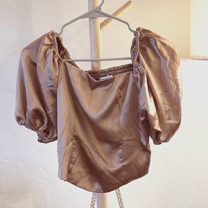 RO&DE Brown Silk Puff Sleeve Crop Top